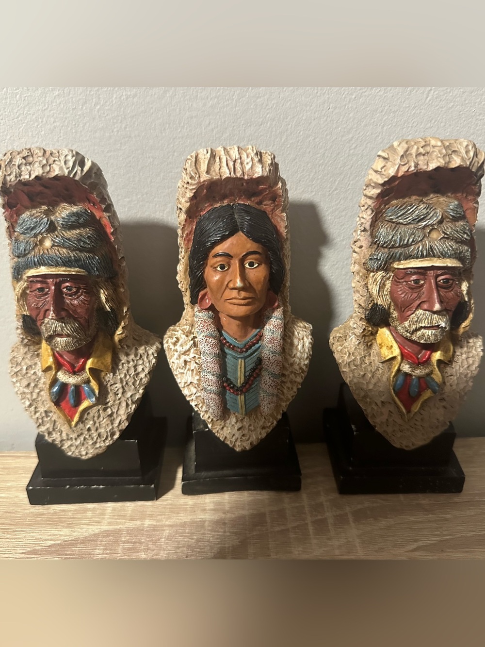Vintage Set of 3 Hand-Carved Style Bust Figurines – Rustic Western Cabin Decor